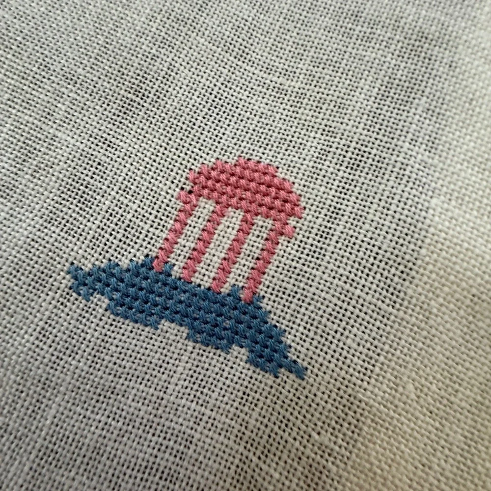 Vintage Cross Stitch Linen Table Runner Blue Pink Floral Bird Fringed Trim